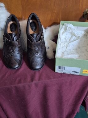 Clarks Women's Dark Brown Leather Slip-On Loafers with Button Accent